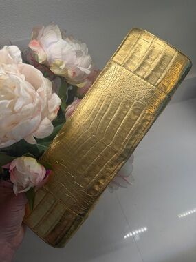 Nancy Gonzalez Gold Crocodile Embossed Leather Clutch